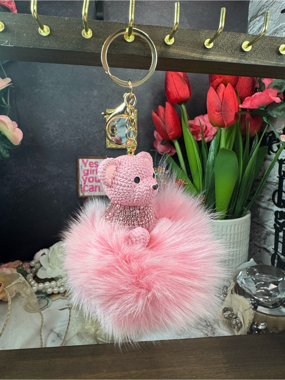 Pink Plush Bear Keychain with Faux Fur Pom Pom - Picture 4 of 4